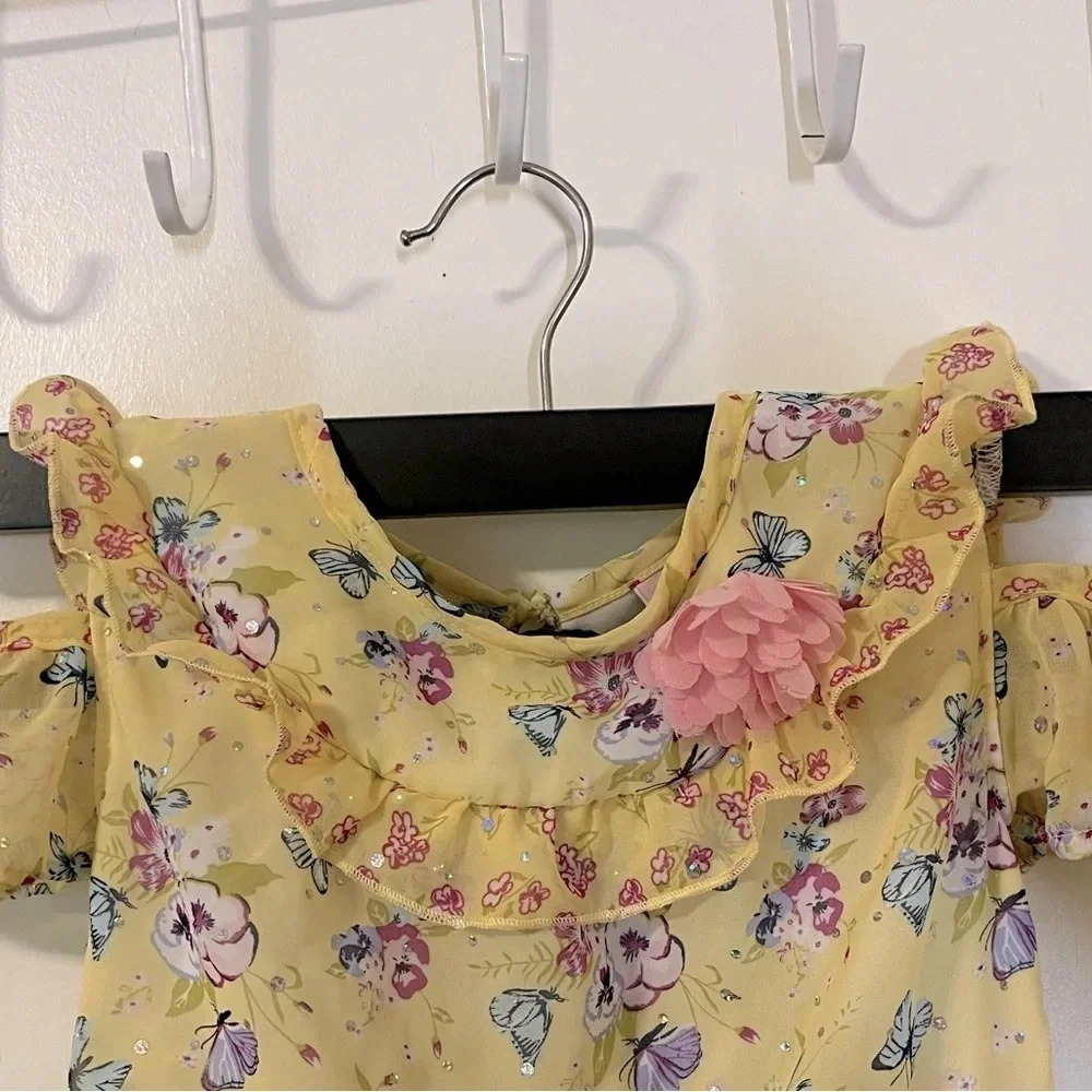 Little Las 2 piece Fancy set blouse and pants Yellow/Blue with Daisy Ruffles - Picture 6 of 15